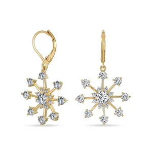 Festive Christmas CZ Snowflake Dangle Chandelier Earrings - Yellow Gold Plated Lever Back