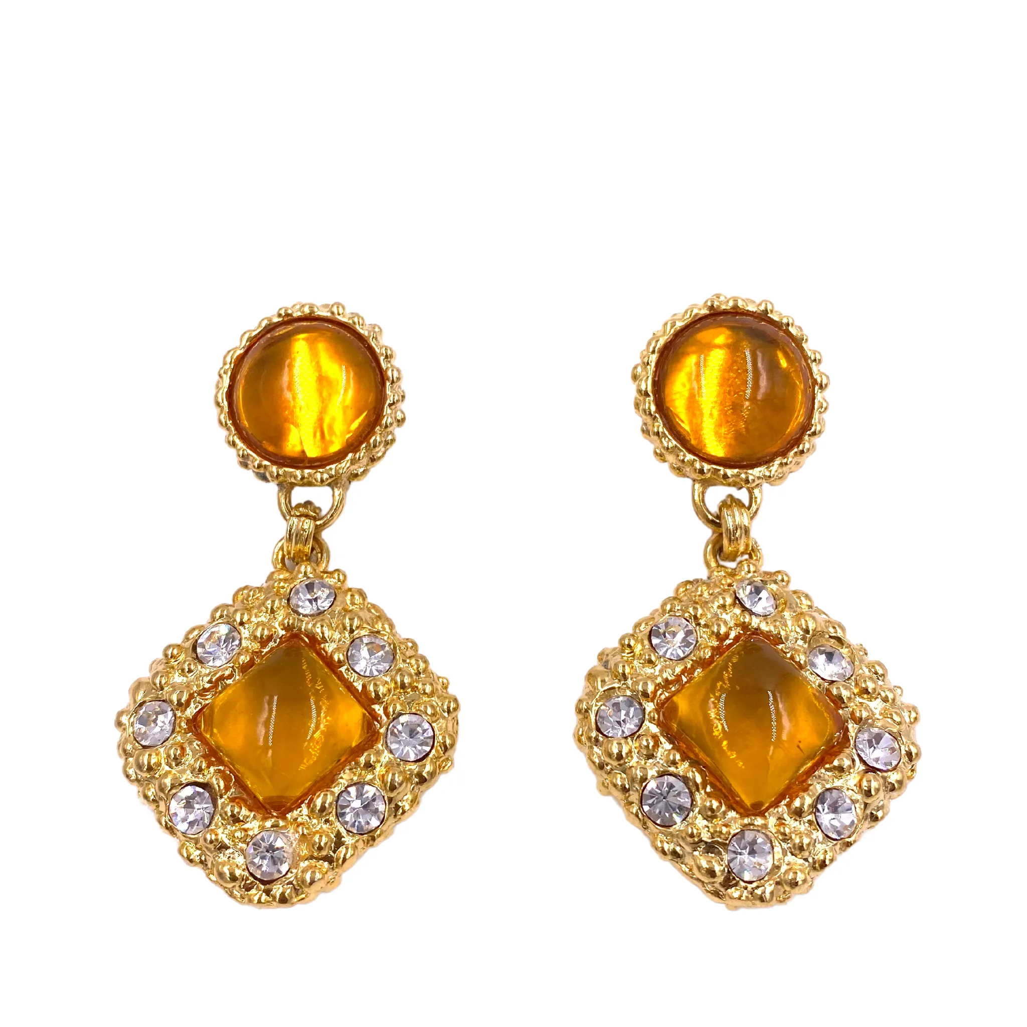 French Citrine Colored Drop Earrings with Crystals