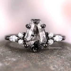 Galaxy Raw Salt & Pepper Diamond (Herkimer Diamond) Engagement Ring- Black Rhodium Filled