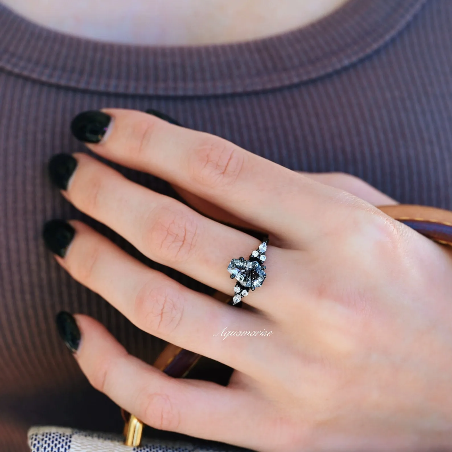 Galaxy Raw Salt & Pepper Diamond (Herkimer Diamond) Engagement Ring- Black Rhodium Filled