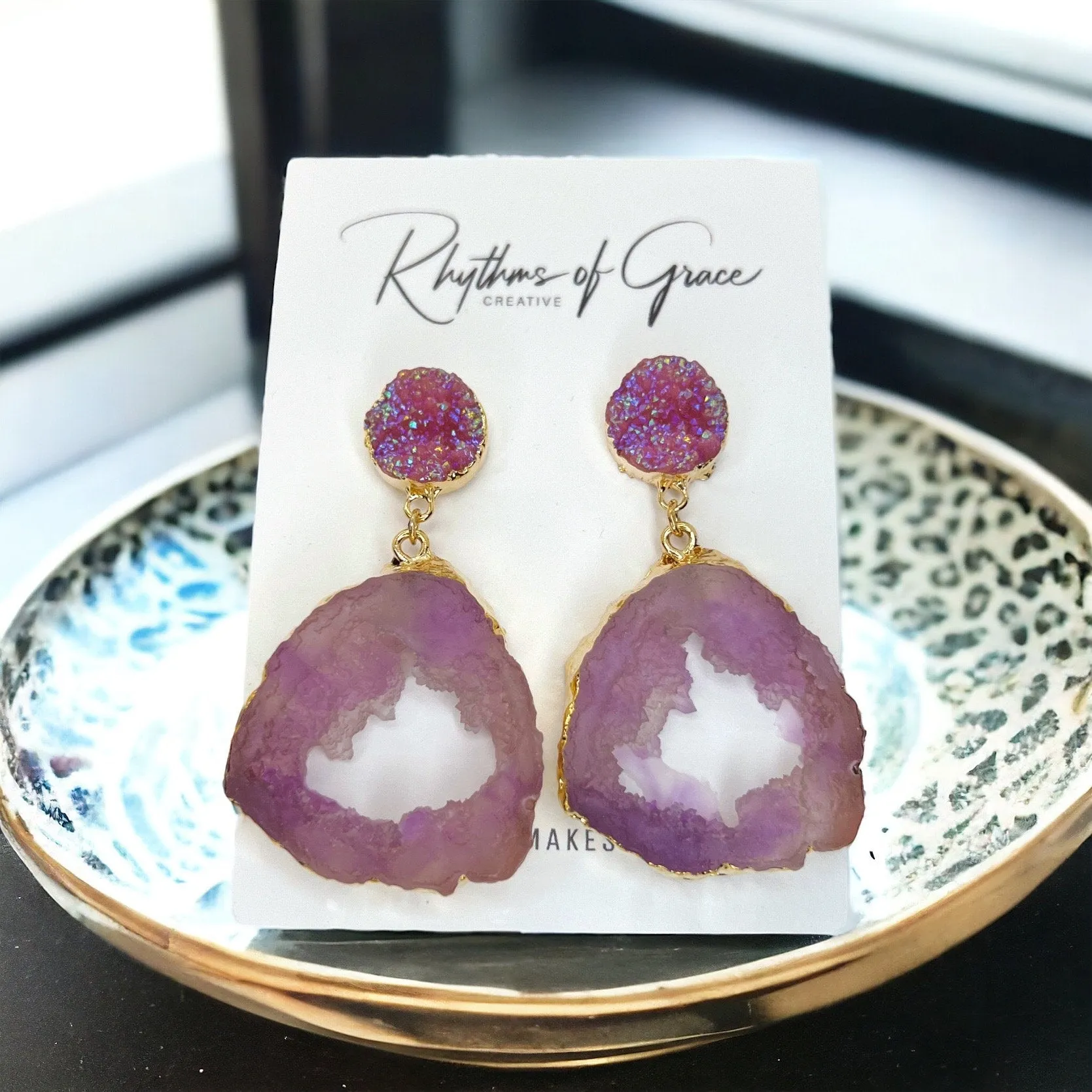 Geode Earrings - Crystal Earrings, Crystal Jewelry, Handmade Earrings, Handmade Jewelry, Geodes, Purple Earrings, Green Earrings, Rock