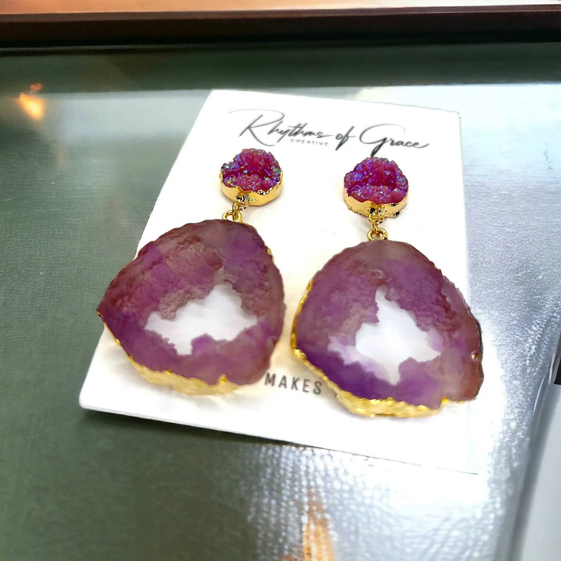 Geode Earrings - Crystal Earrings, Crystal Jewelry, Handmade Earrings, Handmade Jewelry, Geodes, Purple Earrings, Green Earrings, Rock