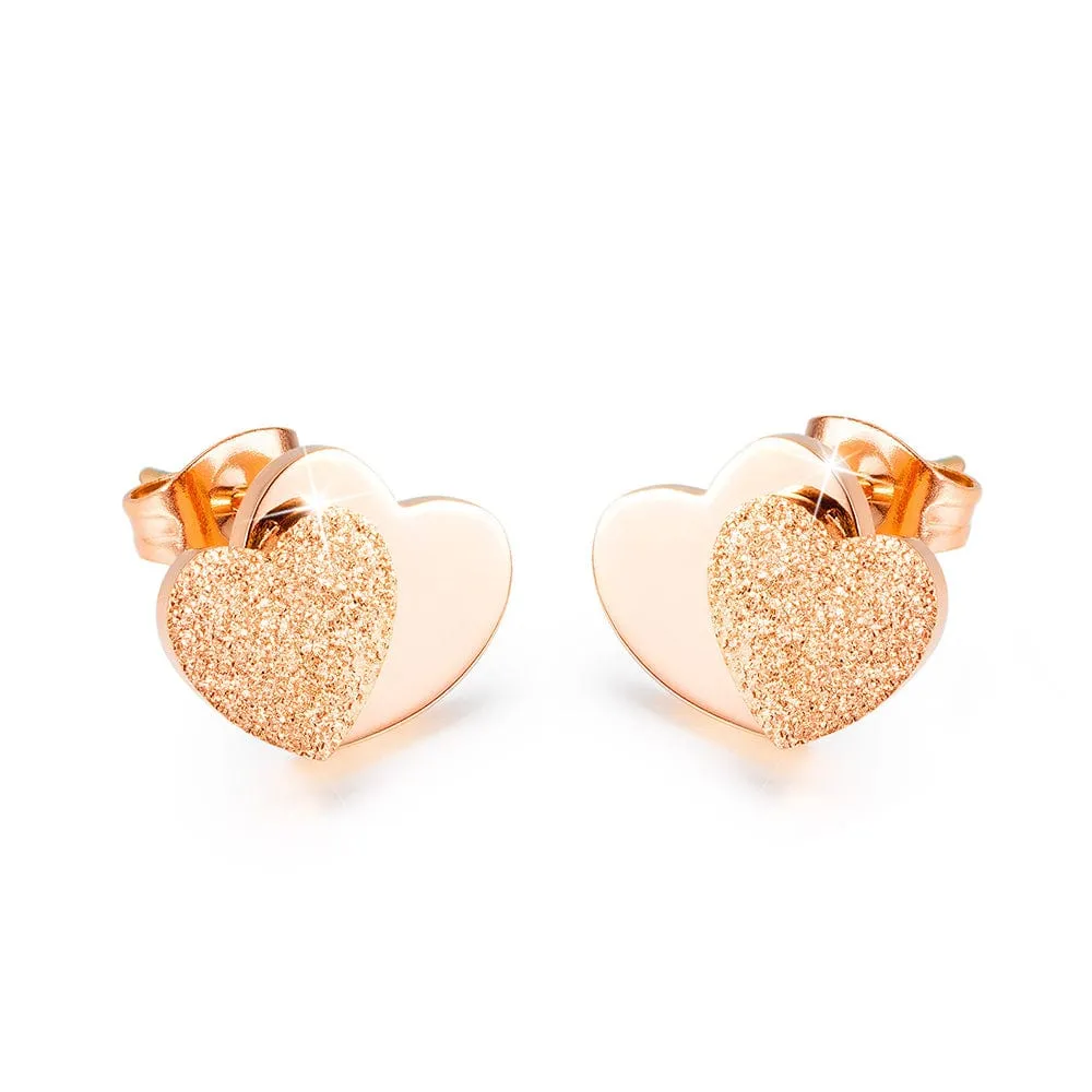 Glittery Heart Stud Rose Gold Layered Earrings