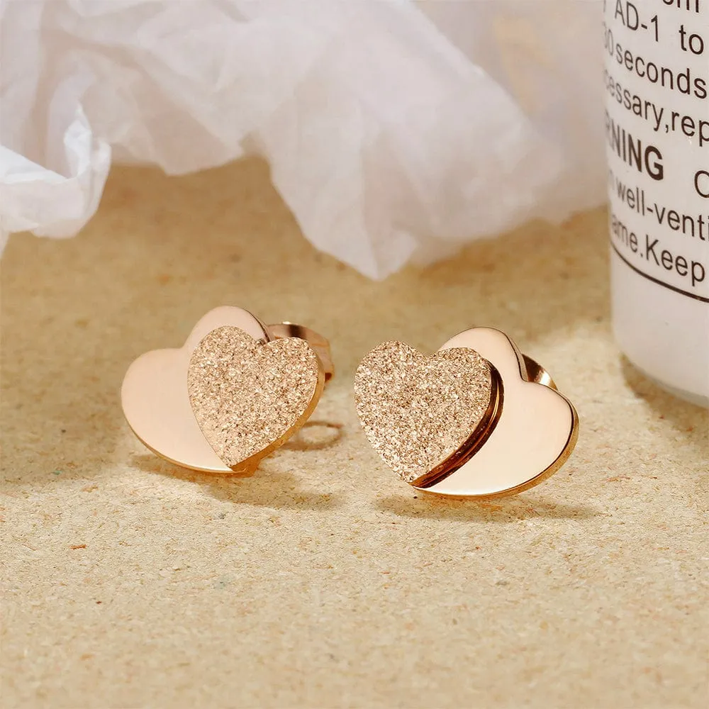 Glittery Heart Stud Rose Gold Layered Earrings