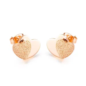 Glittery Heart Stud Rose Gold Layered Earrings