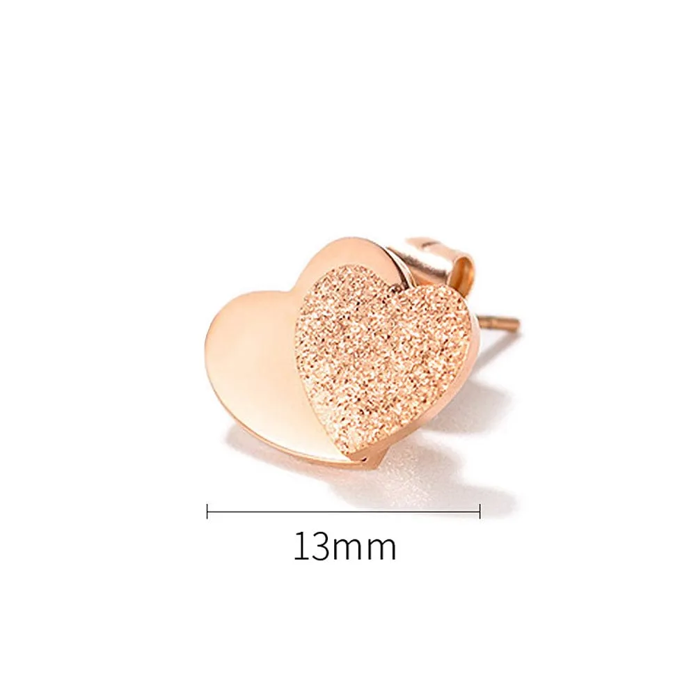 Glittery Heart Stud Rose Gold Layered Earrings