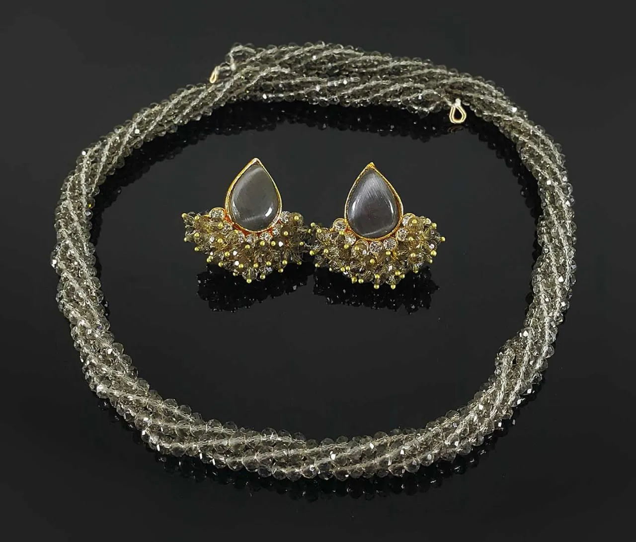 Grey colored crystal pearls beads necklace & earrings set