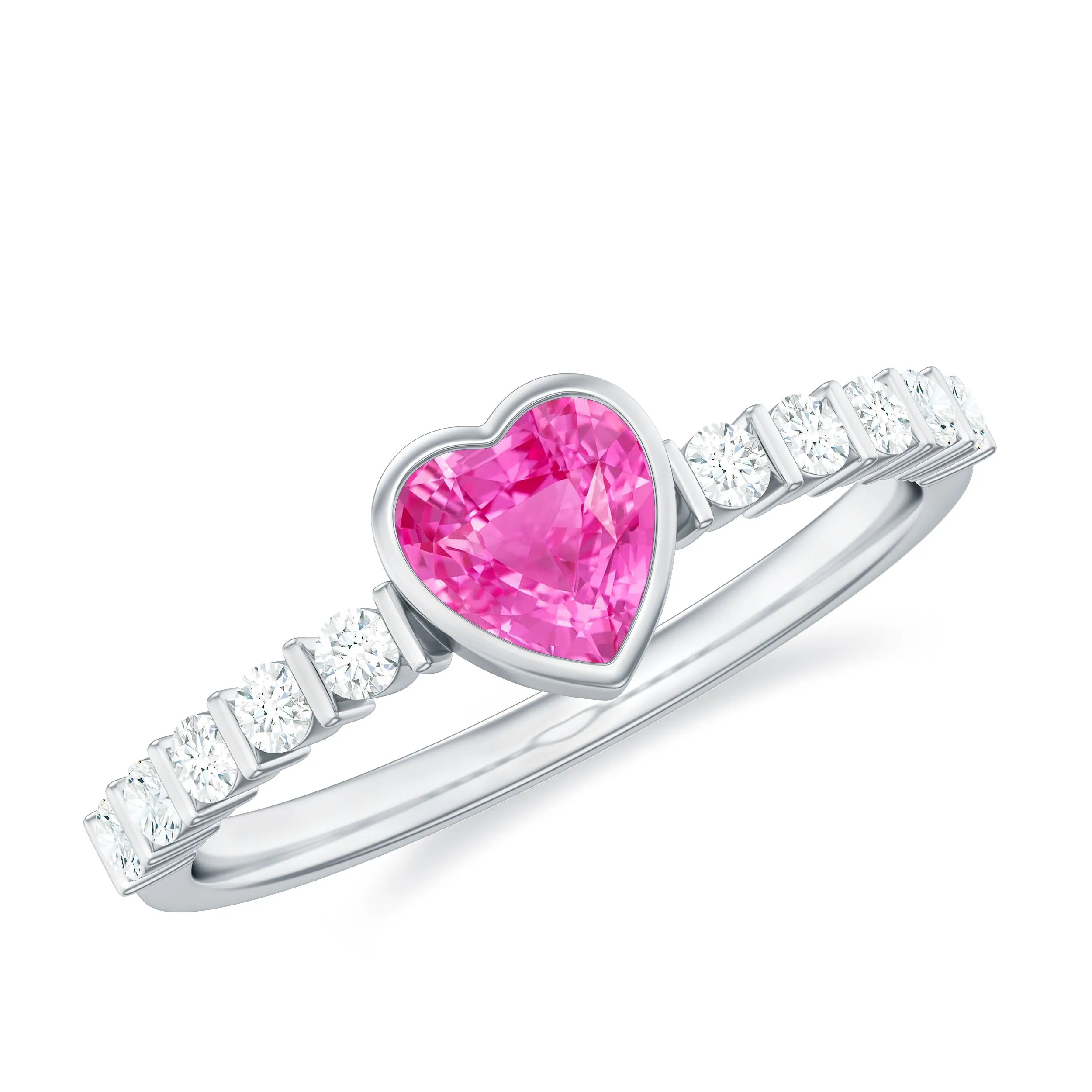 Heart Shape Pink Sapphire Solitaire Ring with Diamond Side Stones