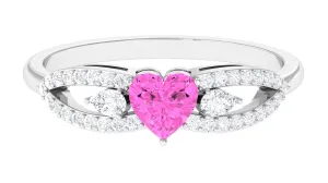 Heart Shape Pink Sapphire Split Shank Ring with Diamond