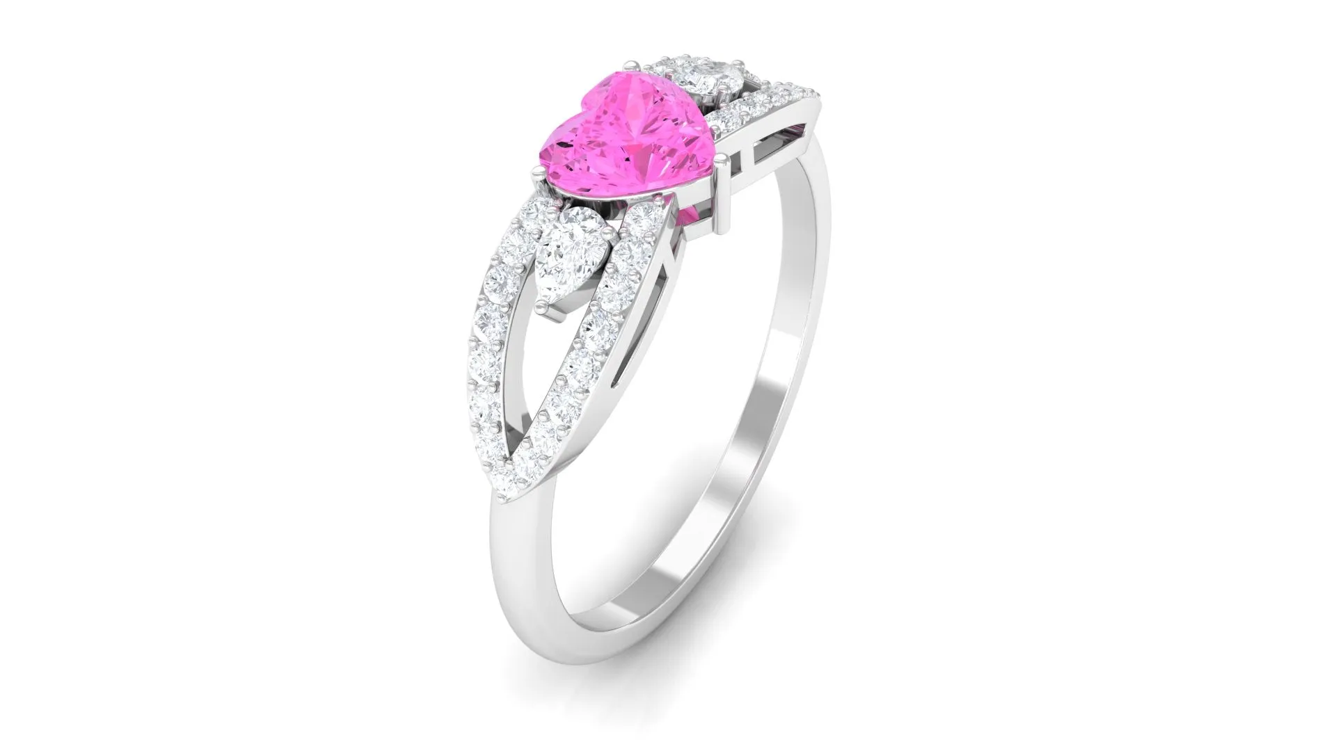 Heart Shape Pink Sapphire Split Shank Ring with Diamond