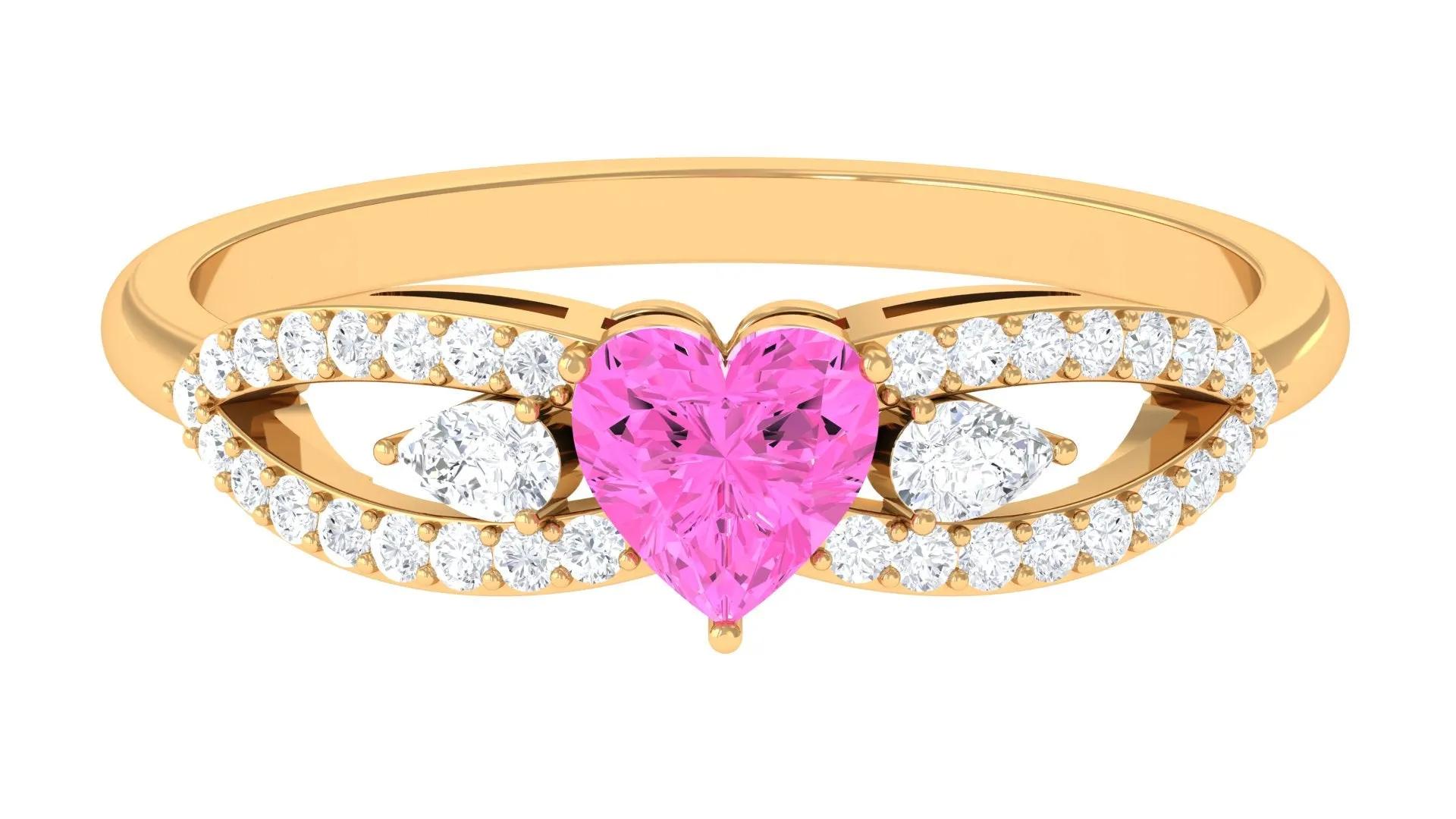 Heart Shape Pink Sapphire Split Shank Ring with Diamond