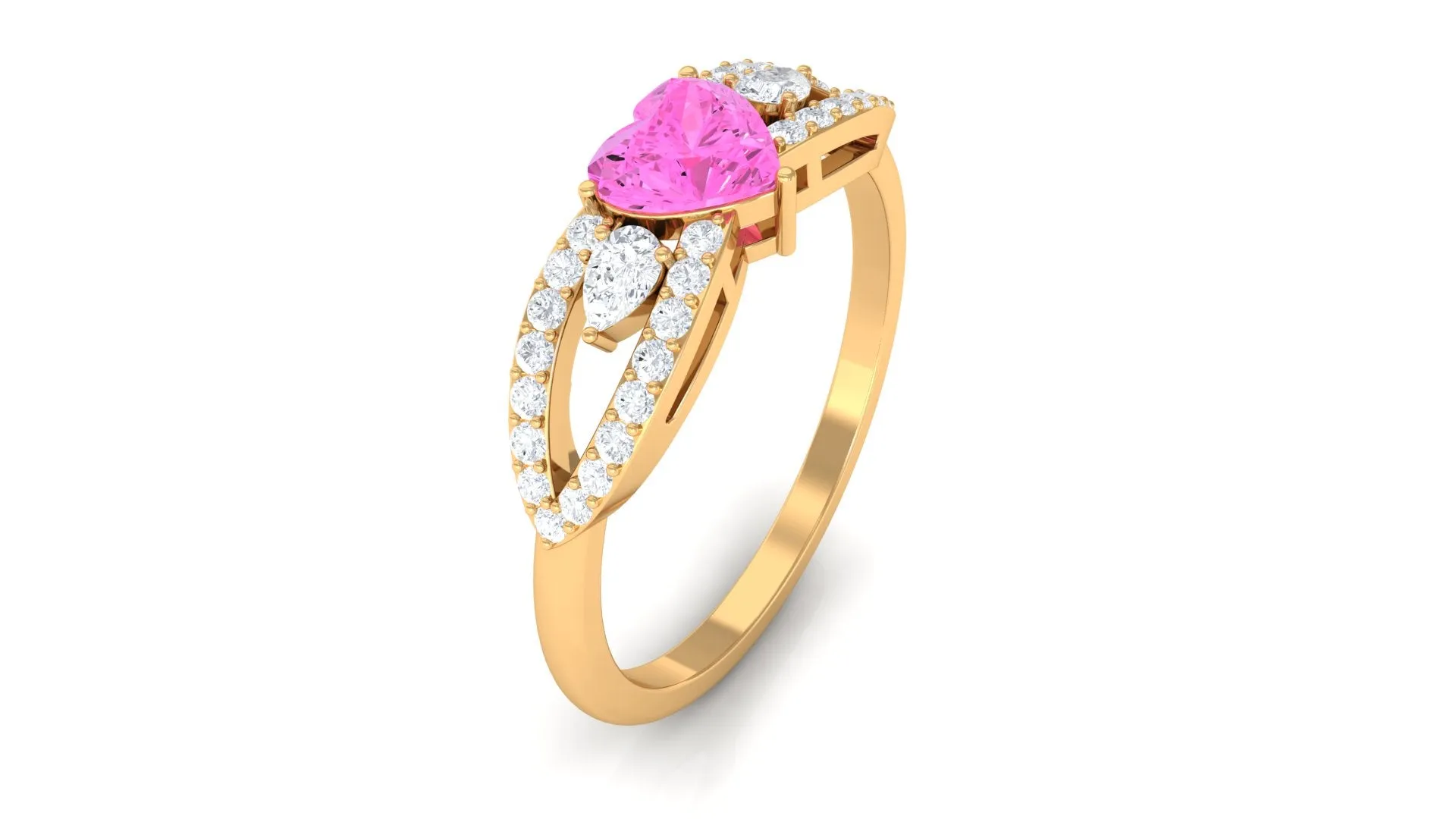 Heart Shape Pink Sapphire Split Shank Ring with Diamond