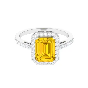 Lab Grown Yellow Sapphire Emerald Cut Engagement Ring with Diamond