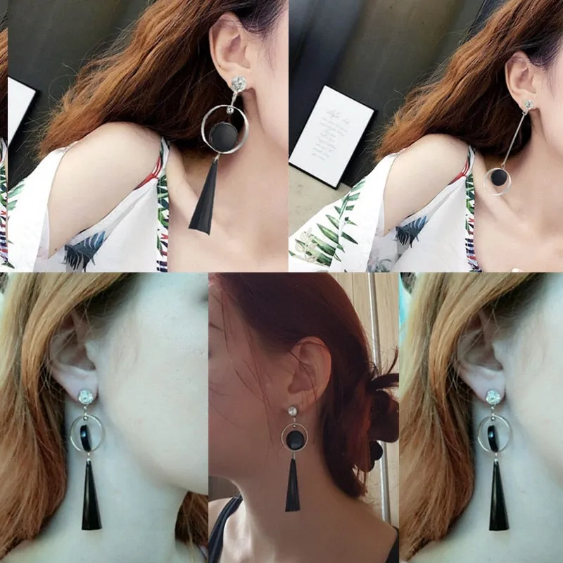 Long Slope Geometric asymmetry Rhinestone circle earrings