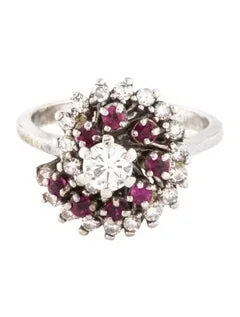 Lovely Estate 14K White Gold Ruby Rubies Diamond Floral Flower Spiral Ring