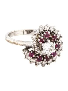 Lovely Estate 14K White Gold Ruby Rubies Diamond Floral Flower Spiral Ring