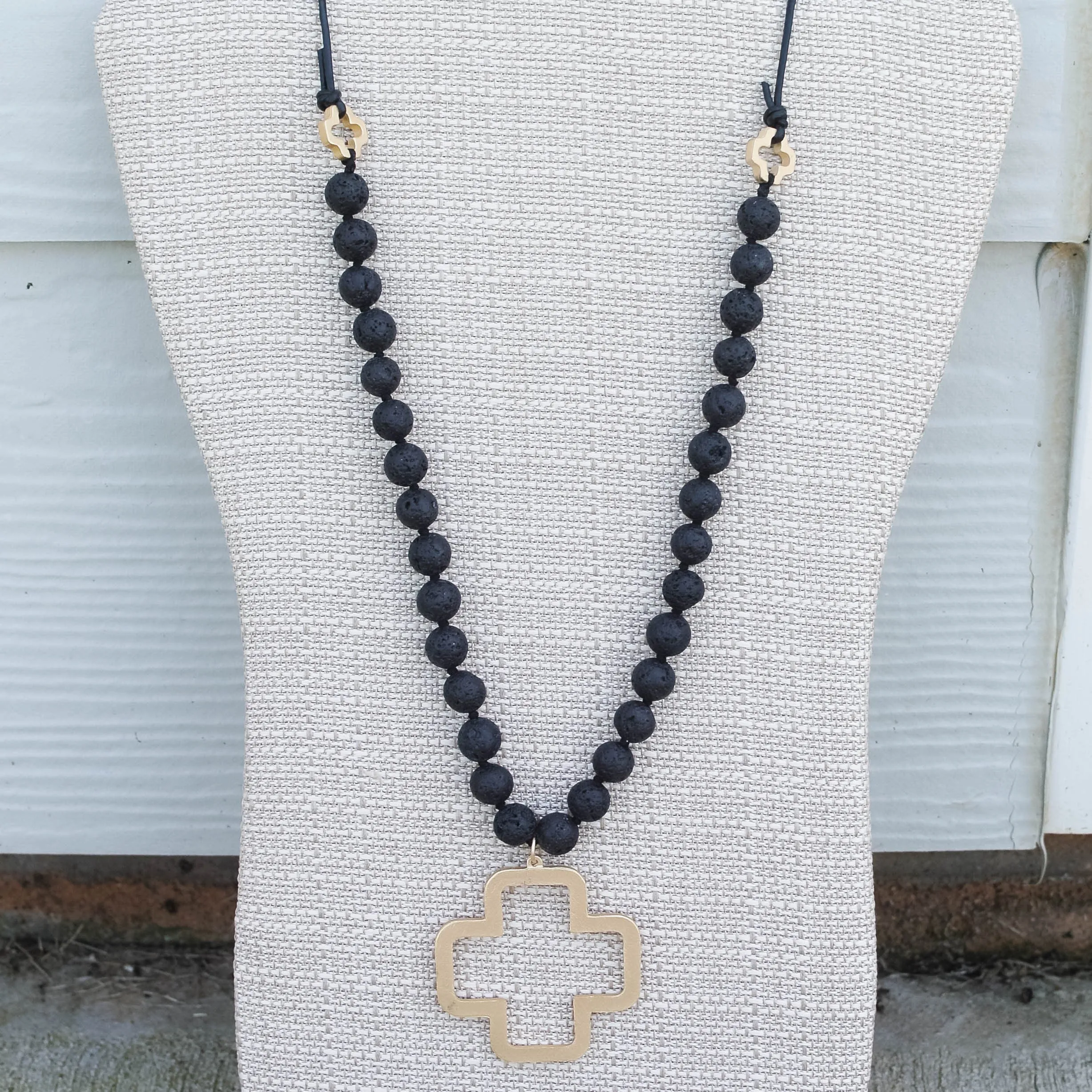 'Luna' Cross Choose Love Stone Bead & Genuine Leather Necklace