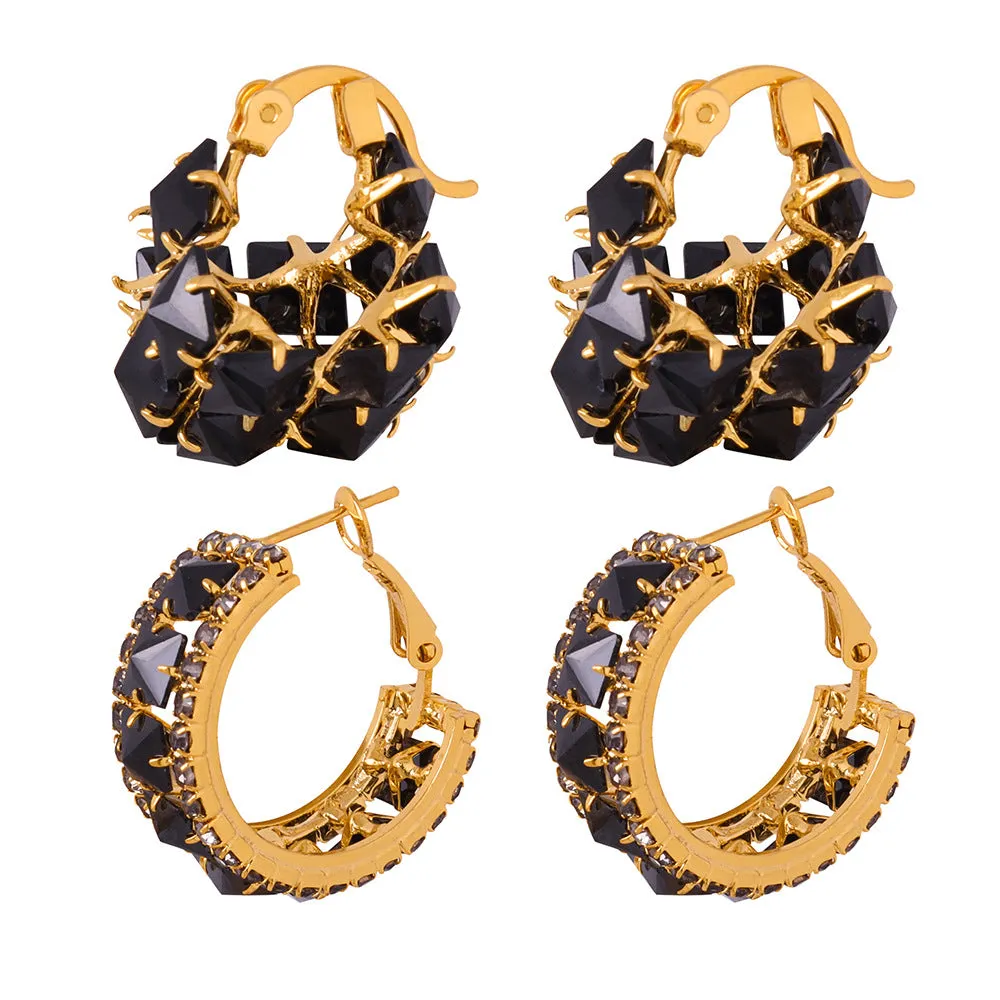 Luxury Black Zircon Geometric Earrings in Hollow Copper - High Fashion Jewelry