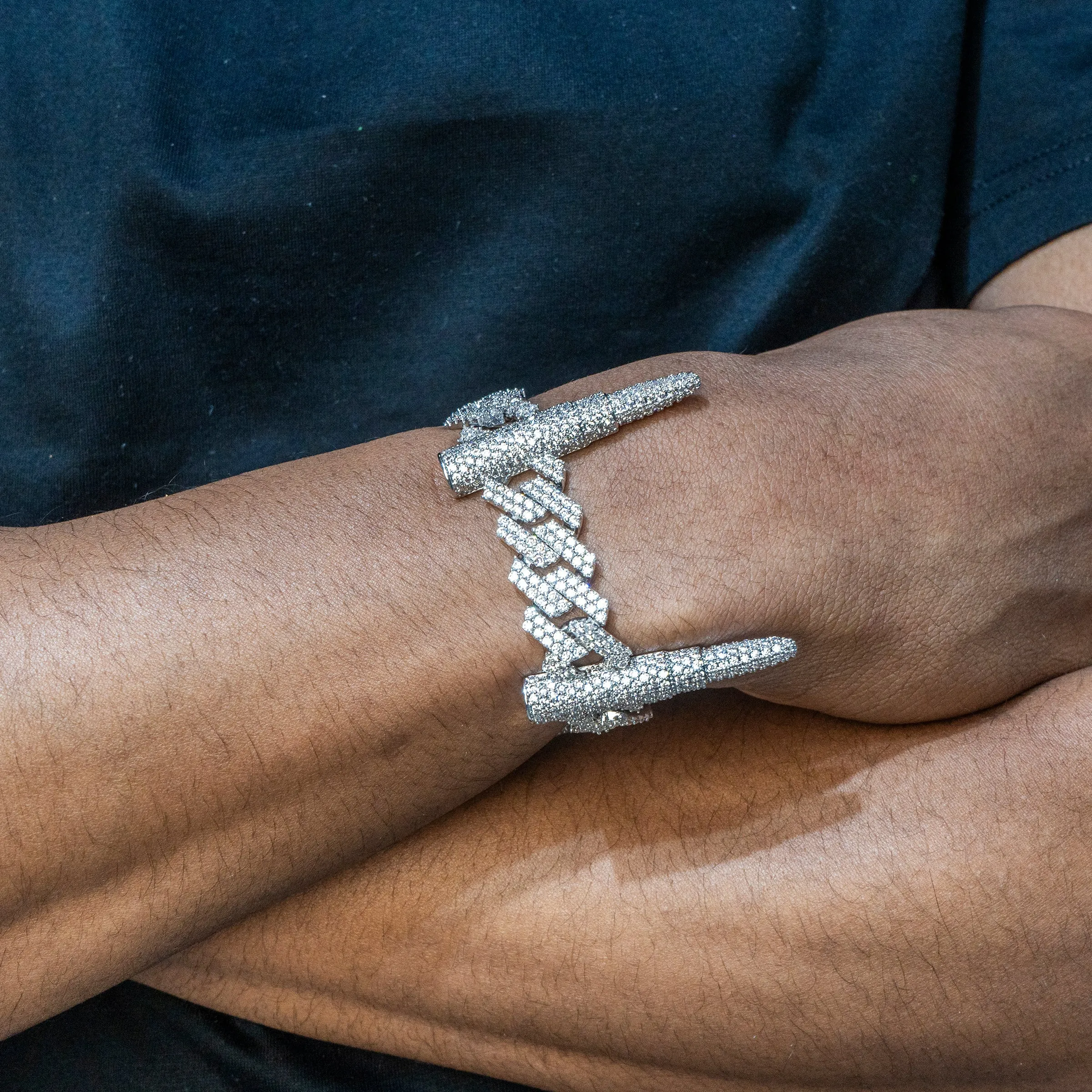 Mens White Gold Iced Out Bullet Link Bracelet