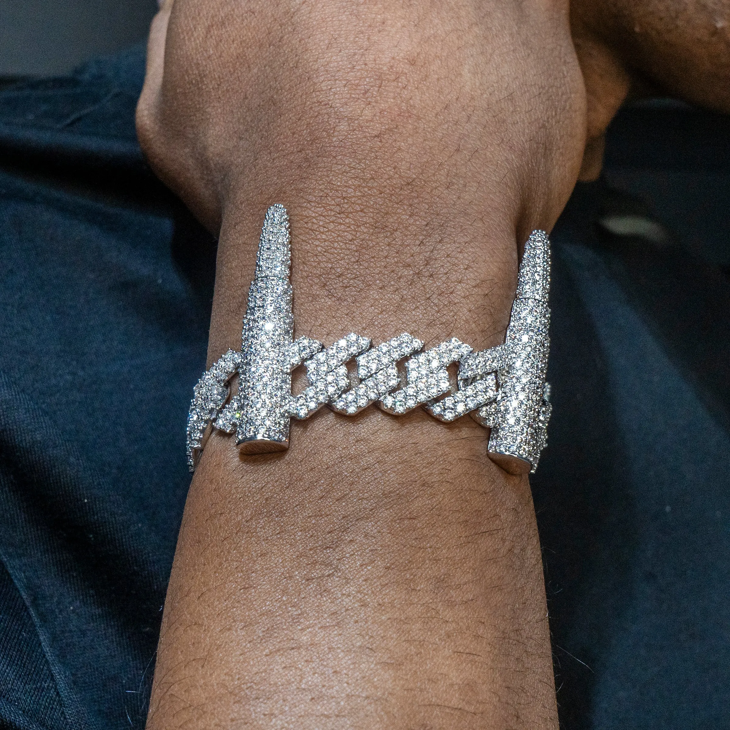 Mens White Gold Iced Out Bullet Link Bracelet