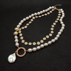 Multilayer Necklaces Charm Jewelry NCJYS46 Enamel Flower Chain and Baroque Pearl