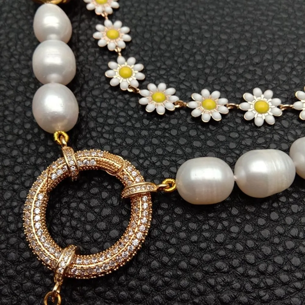 Multilayer Necklaces Charm Jewelry NCJYS46 Enamel Flower Chain and Baroque Pearl