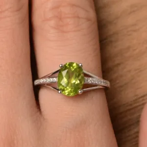 Natural Oval Cut Peridot Unique Promise Rings - 925 Sterling Silver Ring