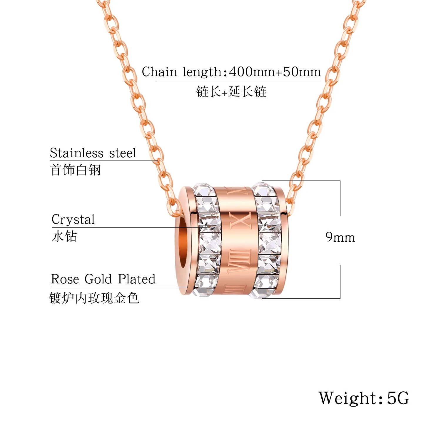 NEHZUS Rhinestone Jewellery Pendant with Double Rows of Glittering Roman Numerals In Rose Gold Plated Titanium Steel for Women