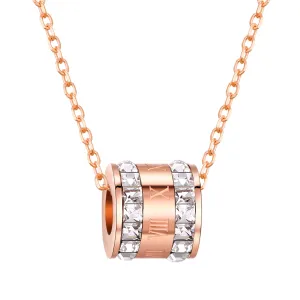 NEHZUS Rhinestone Jewellery Pendant with Double Rows of Glittering Roman Numerals In Rose Gold Plated Titanium Steel for Women