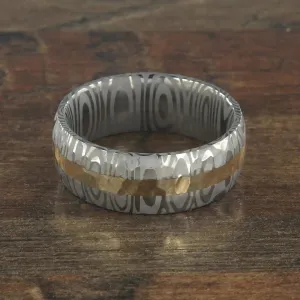 New 8mm Wide Damascus Steel Ring with a Solid 14k Gold Inlay