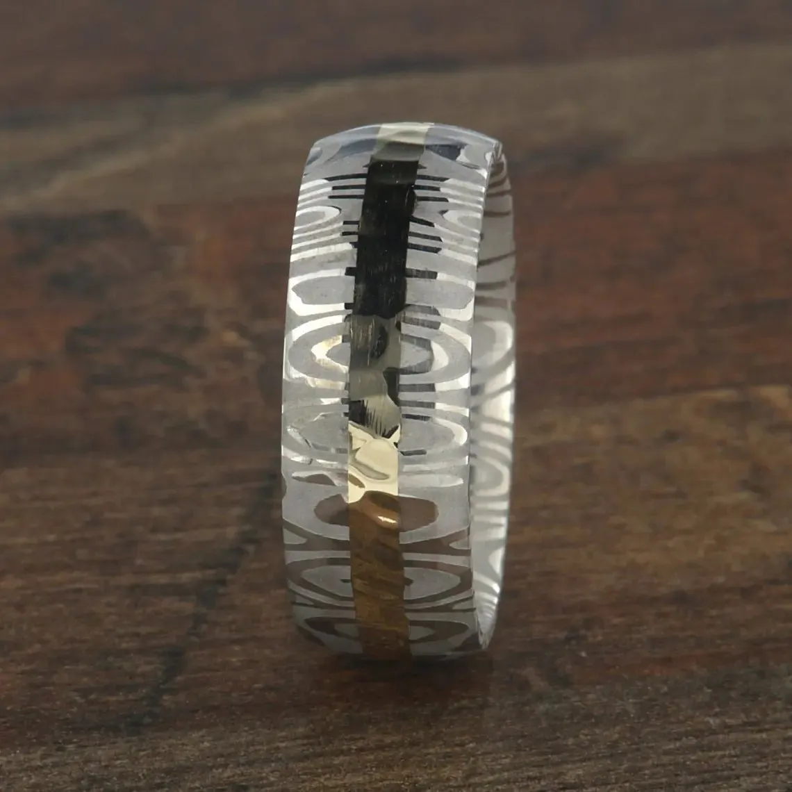 New 8mm Wide Damascus Steel Ring with a Solid 14k Gold Inlay