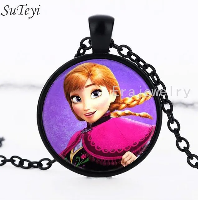 Newest Silver Necklace Elsa Anna Olaf cartoon Girl Jewelry Round Pendant choker Necklace Girls Collar Chain For Children Gift