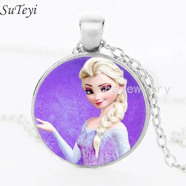 Newest Silver Necklace Elsa Anna Olaf cartoon Girl Jewelry Round Pendant choker Necklace Girls Collar Chain For Children Gift