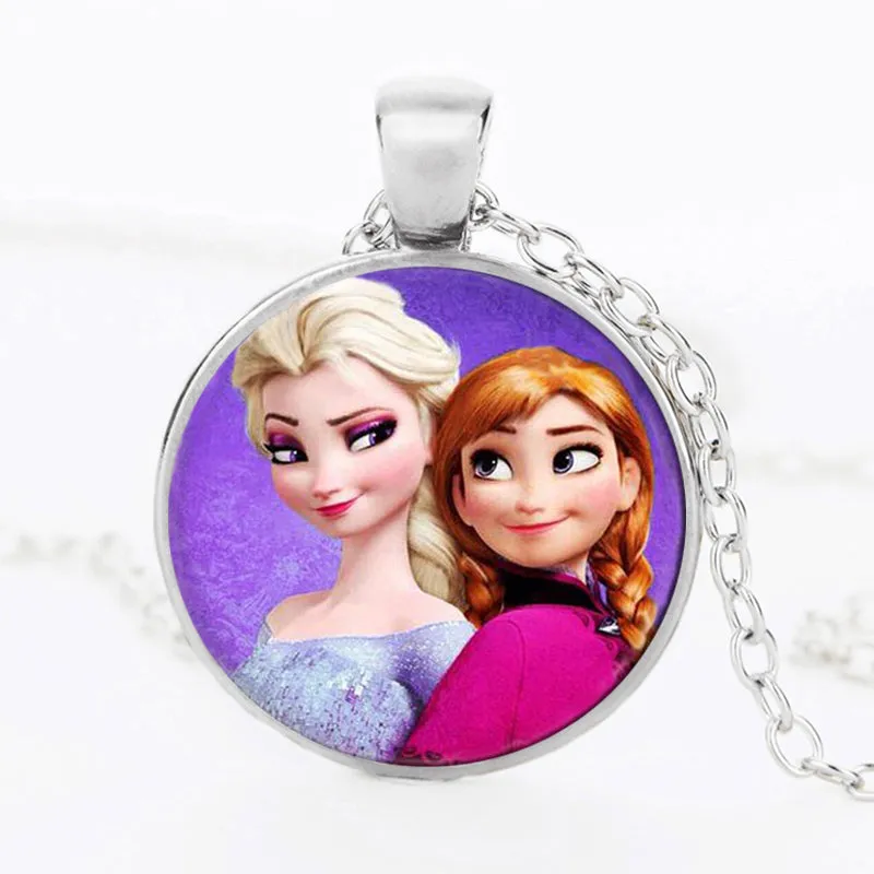 Newest Silver Necklace Elsa Anna Olaf cartoon Girl Jewelry Round Pendant choker Necklace Girls Collar Chain For Children Gift