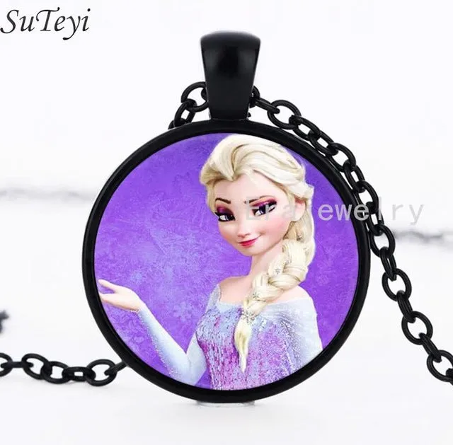 Newest Silver Necklace Elsa Anna Olaf cartoon Girl Jewelry Round Pendant choker Necklace Girls Collar Chain For Children Gift