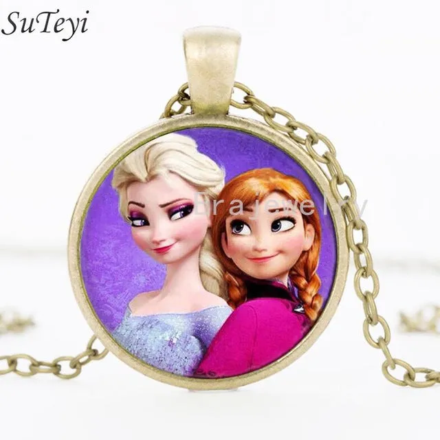 Newest Silver Necklace Elsa Anna Olaf cartoon Girl Jewelry Round Pendant choker Necklace Girls Collar Chain For Children Gift