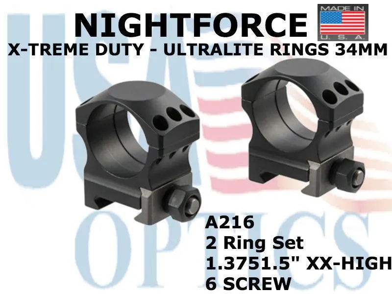 NIGHTFORCE, A216, XTRM DUTY - Ring Set - 1.5" XX-High - 34mm - Ultralite, 6 screw