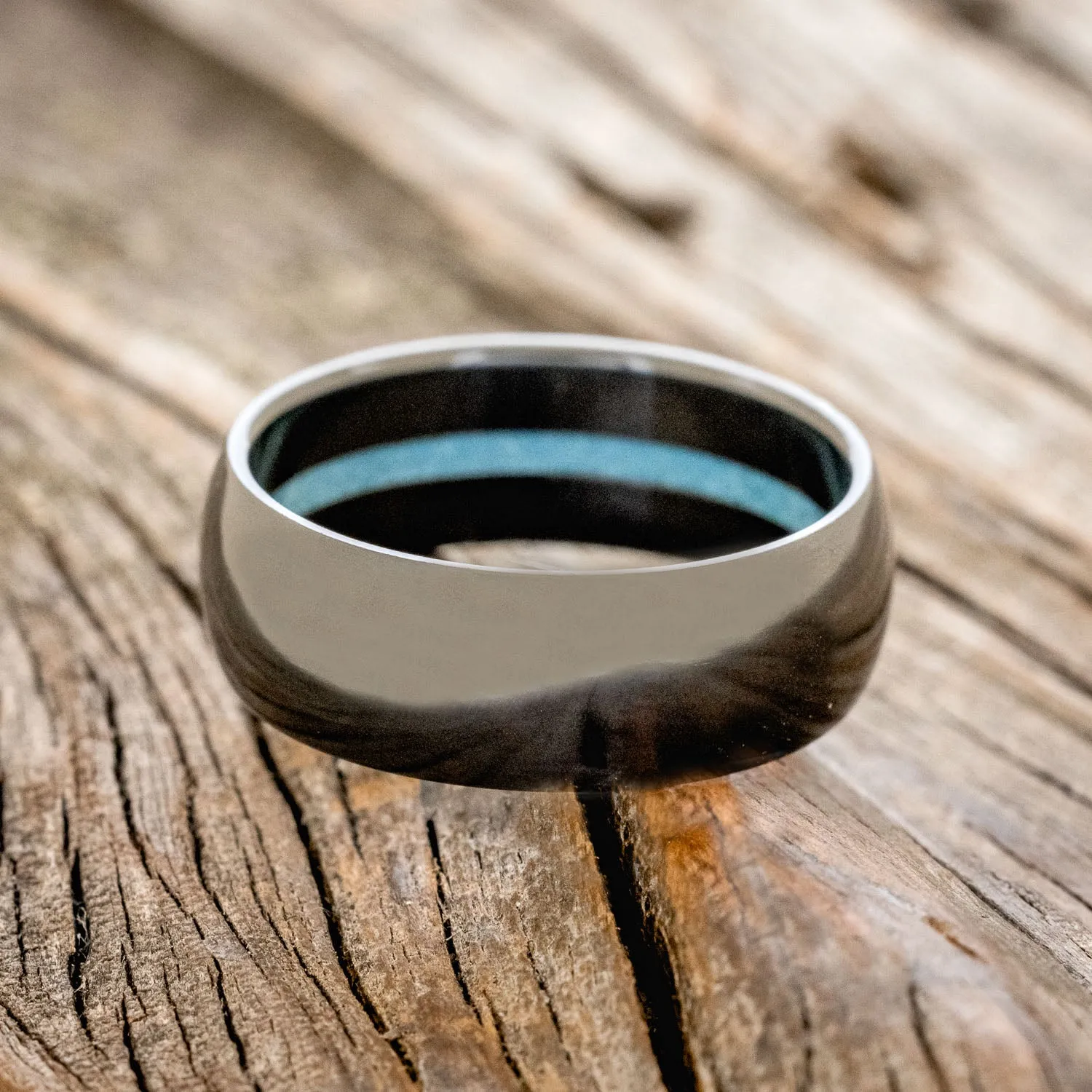 OFFSET TURQUOISE LINED WEDDING BAND - BLACK ZIRCONIUM - SIZE 12 1/4