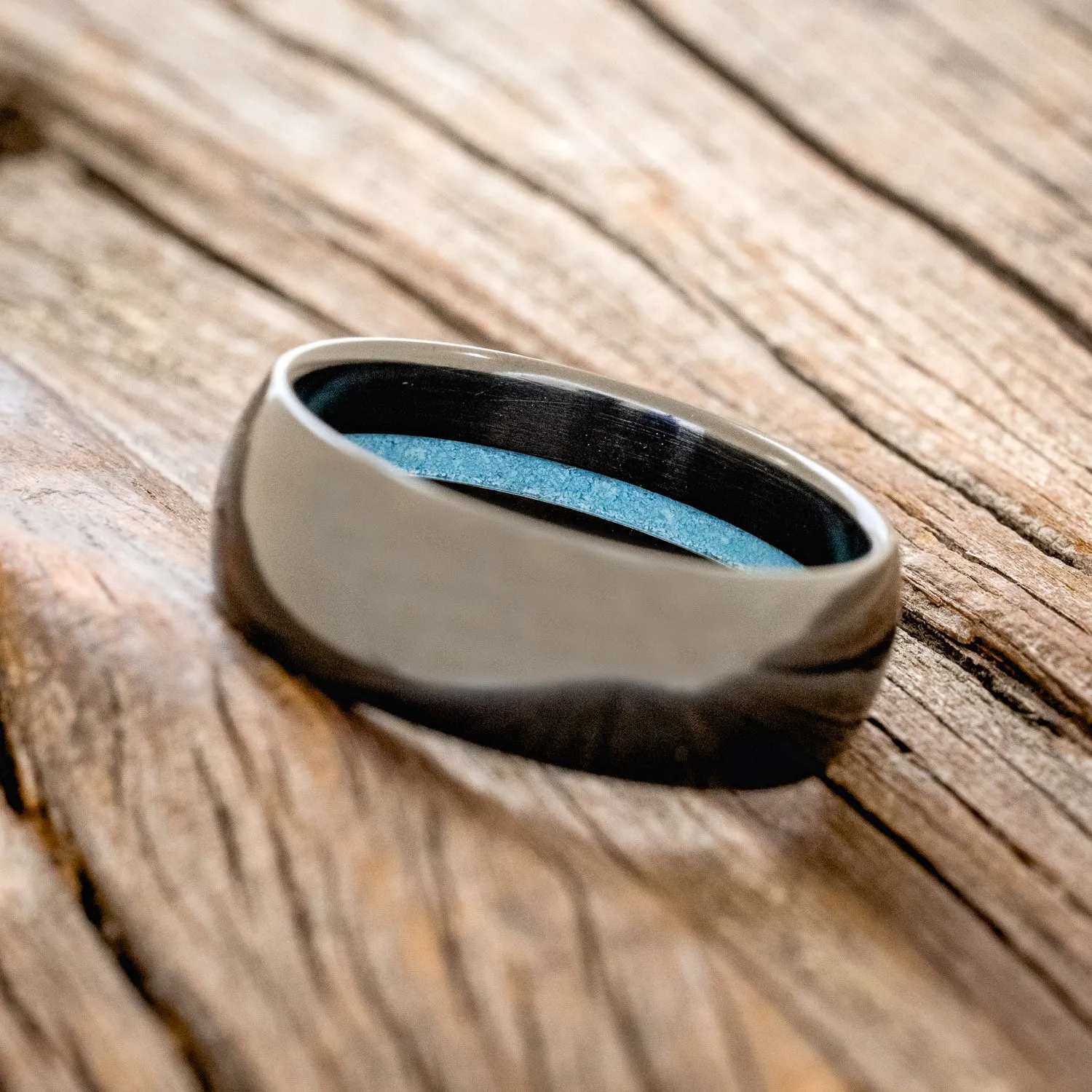 OFFSET TURQUOISE LINED WEDDING BAND - BLACK ZIRCONIUM - SIZE 12 1/4