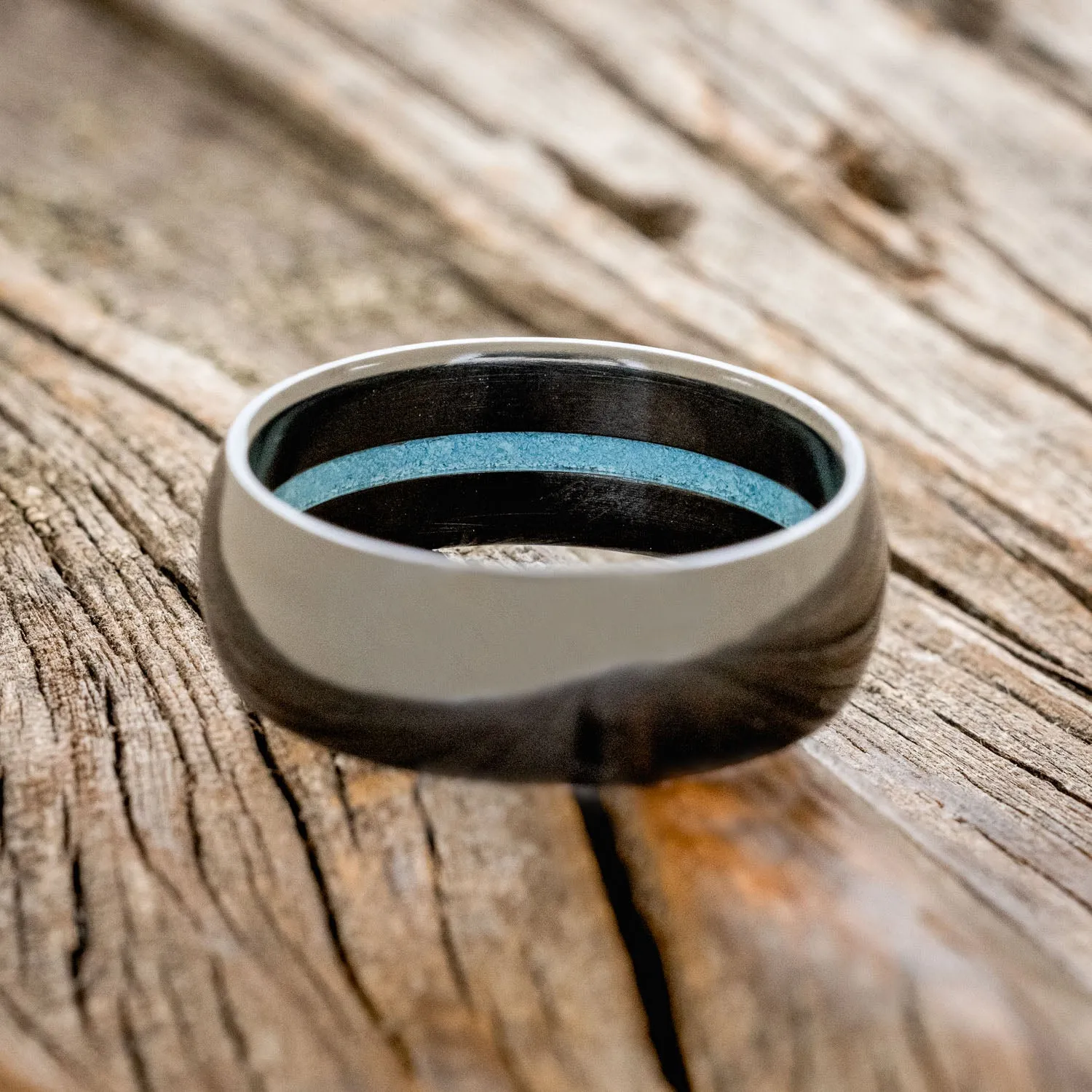 OFFSET TURQUOISE LINED WEDDING BAND - BLACK ZIRCONIUM - SIZE 12 1/4