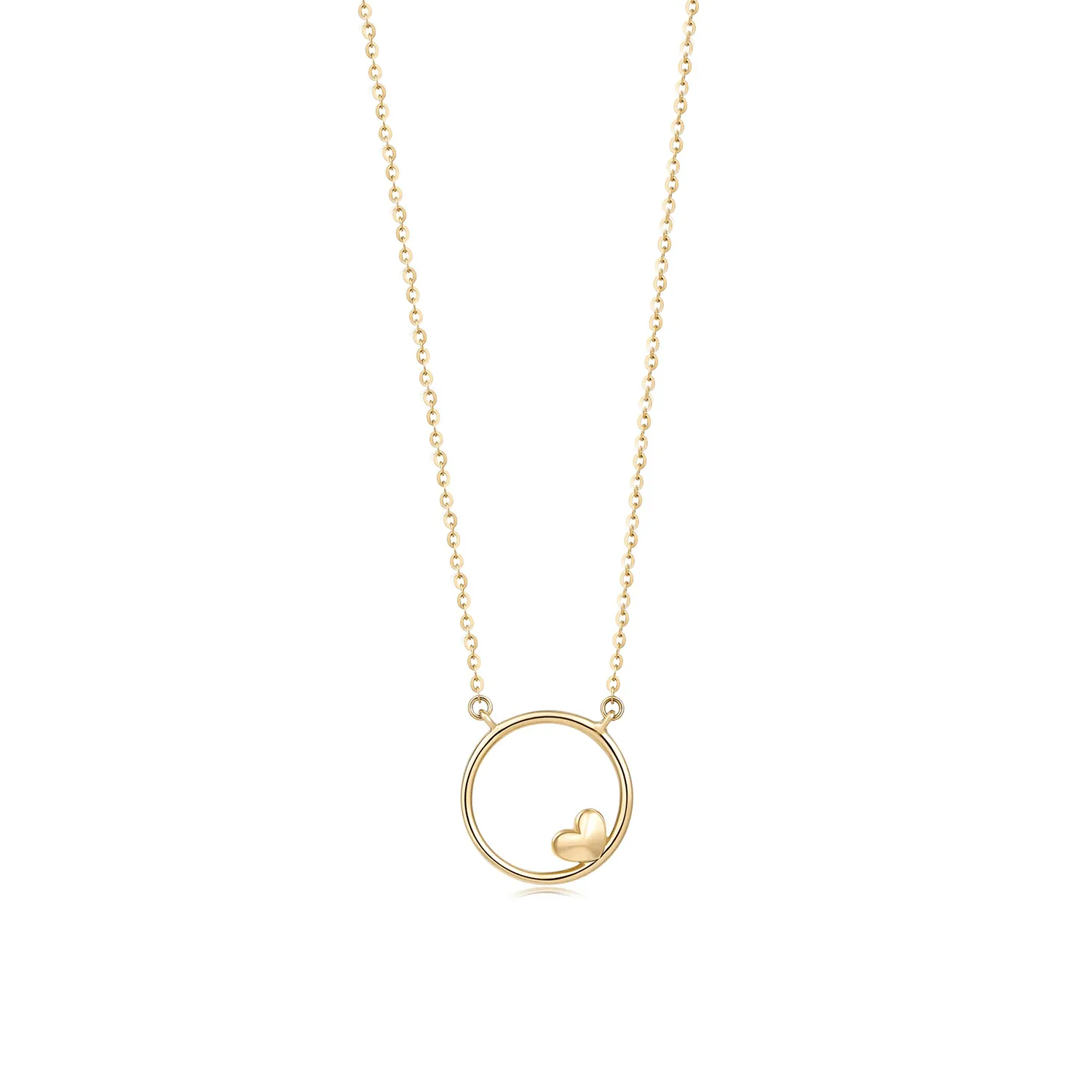 Open Circle Mini Heart Pendant Necklace In 14K Solid Gold