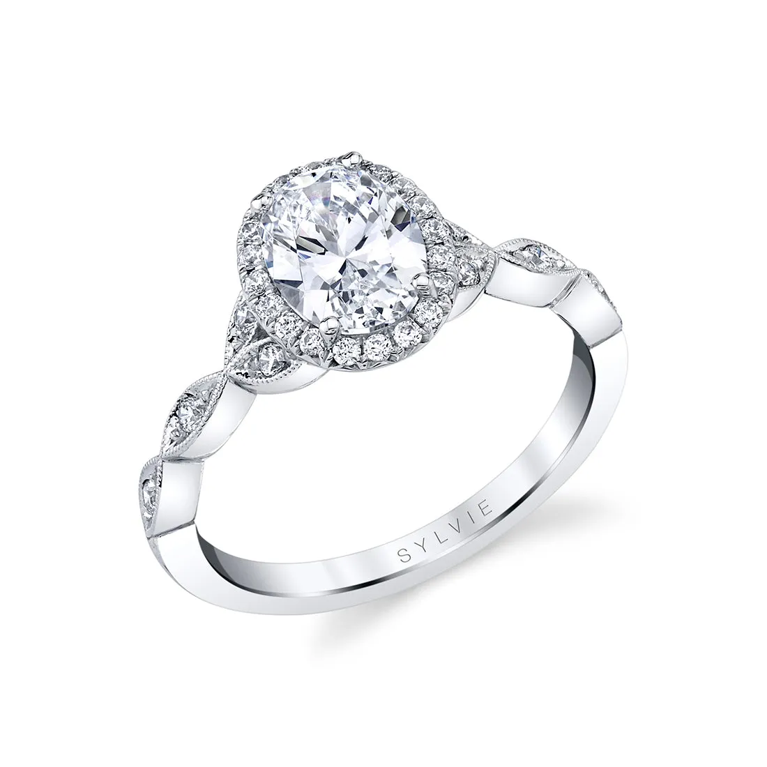 Oval Cut Unique Vintage Halo Engagement Ring - Frederique Platinum White