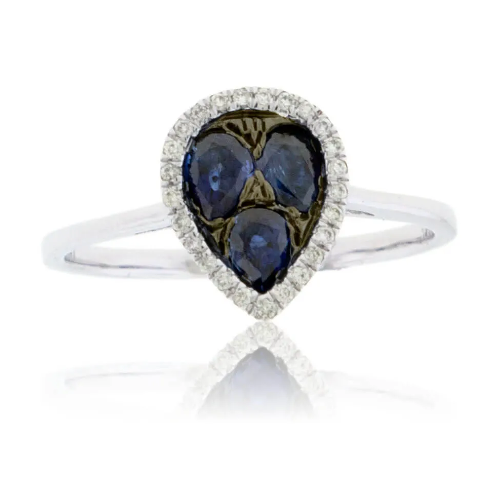 Pear Shaped Blued Sapphire Cluster & Diamond Halo Ring