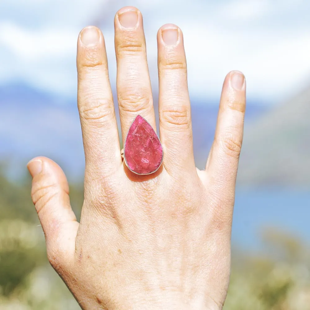 Peres Ruby Teardrop Unique Cutstone Tear Sterling Silver Ring