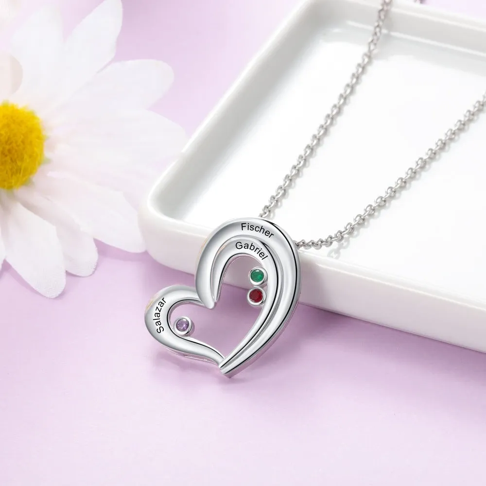 Personalized 3 Names 3 Stones Heart-Shaped Necklaces