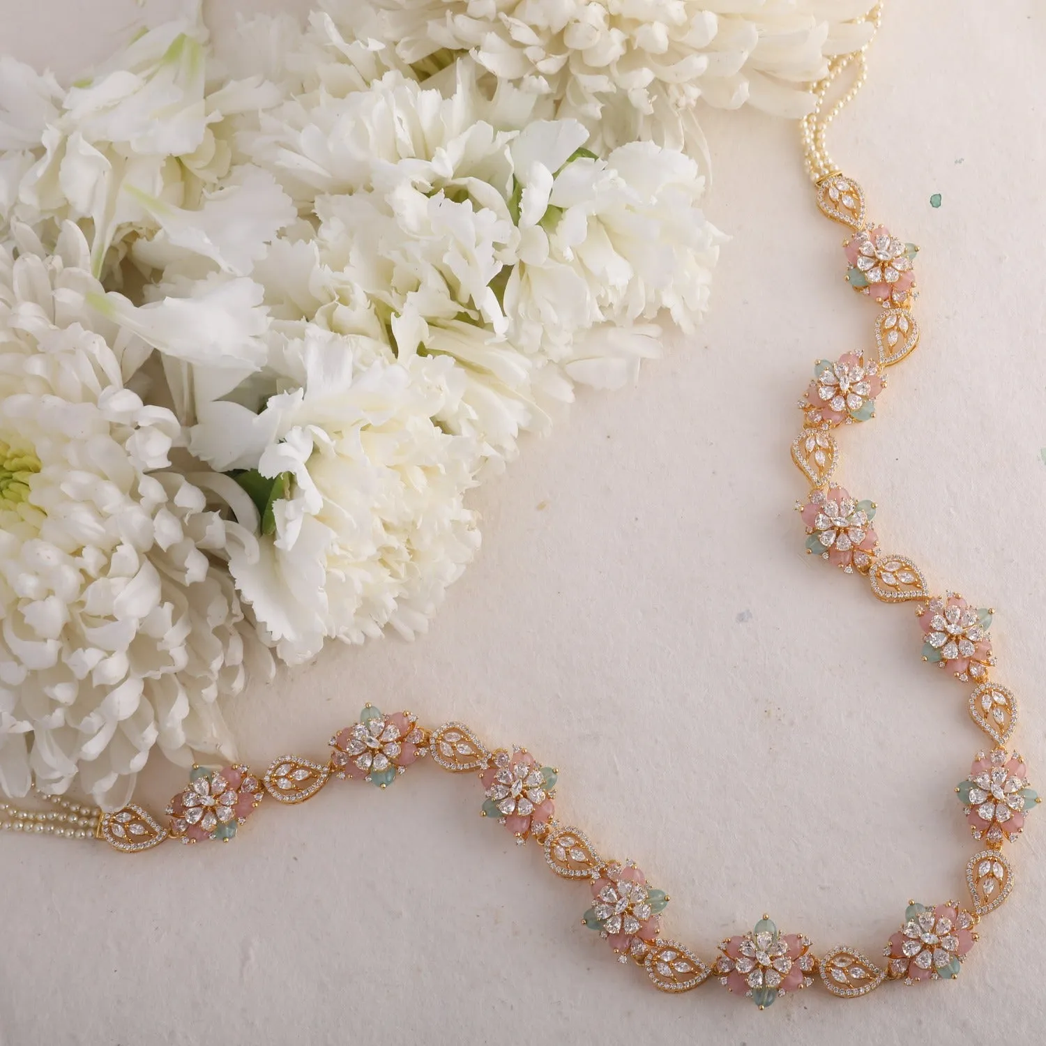 Petal Floral CZ Silver Long Necklace