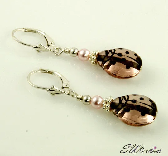 Pink Pearl Mauve Ladybug Earrings