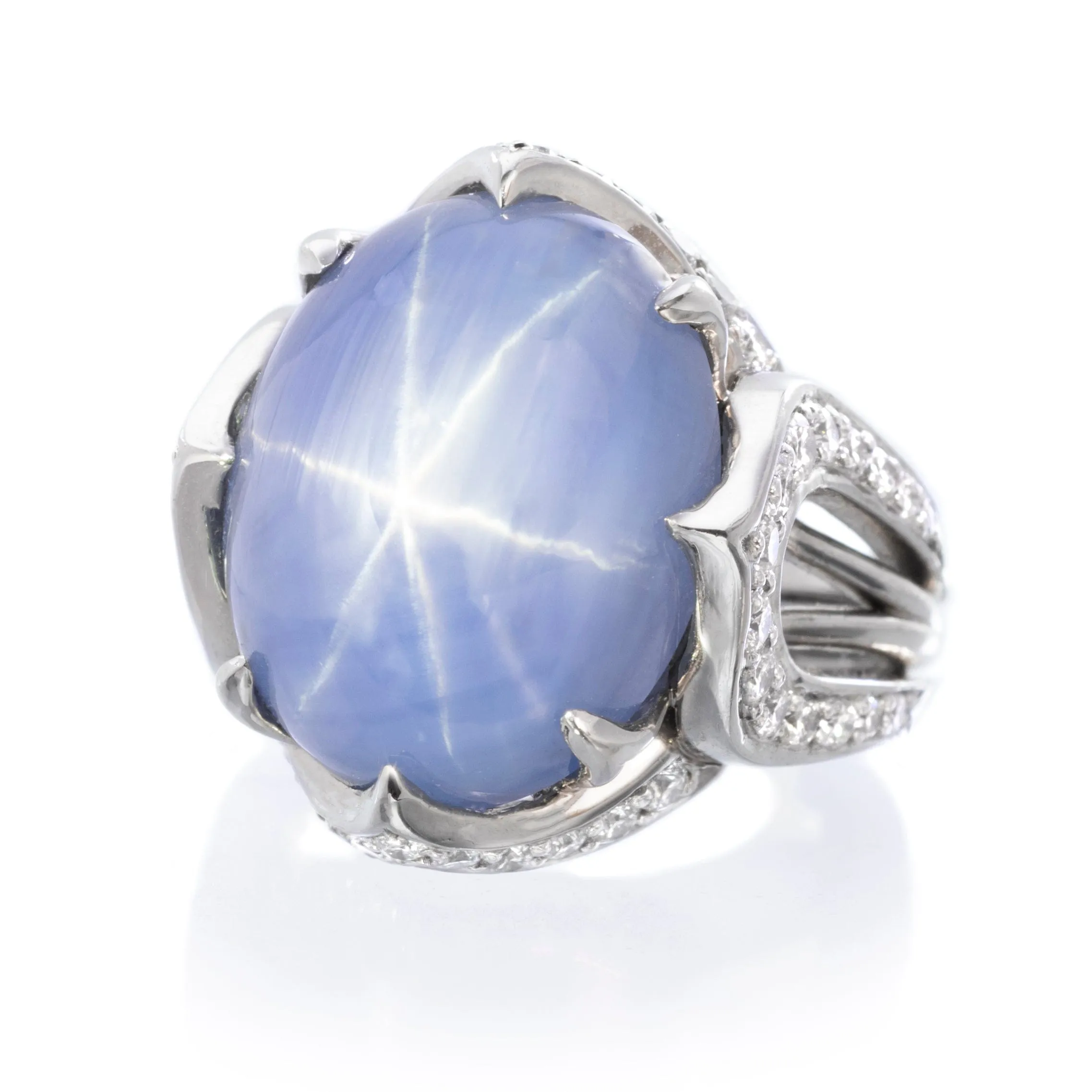 Platinum Oval Cabochon Star Sapphire and Diamond Ring