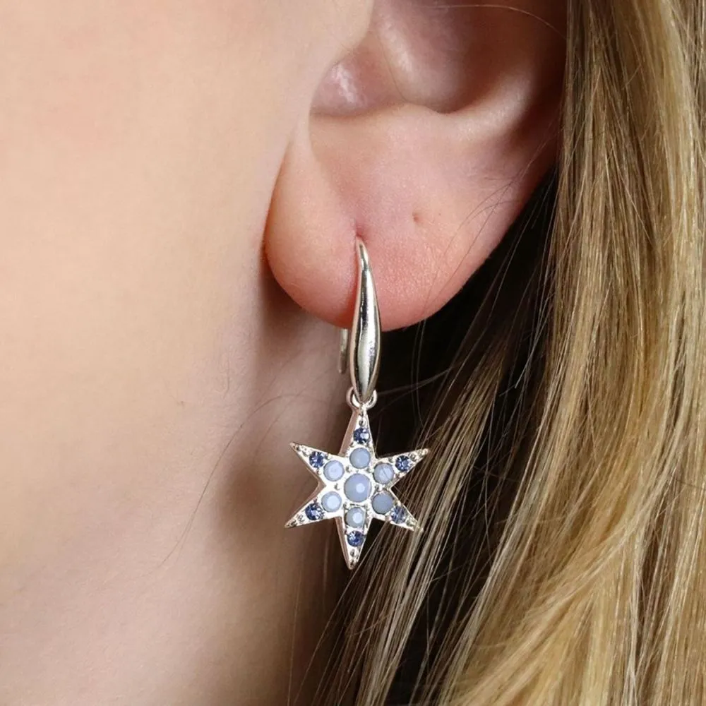 POM 15mm Silver Plated Star and Blue Crystal Drop Earrings