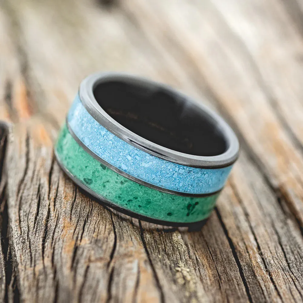 "DYAD" - MALACHITE & TURQUOISE WEDDING RING - BLACK ZIRCONIUM - SIZE 10